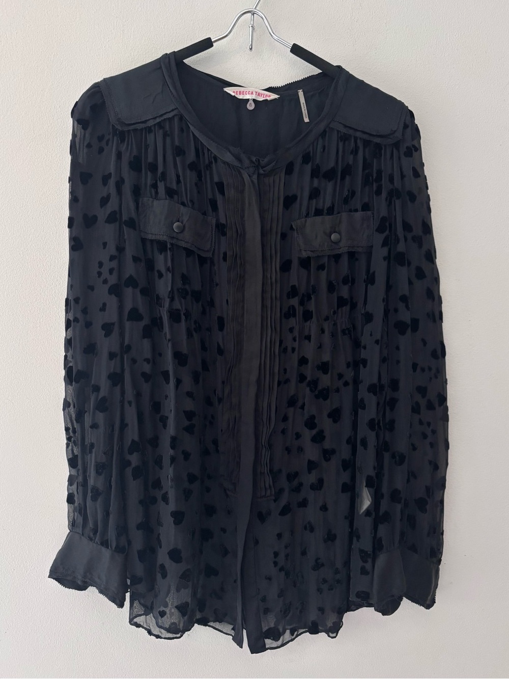 Rebecca Taylor black sheer silk hearts blouse valentines pockets button medium 8